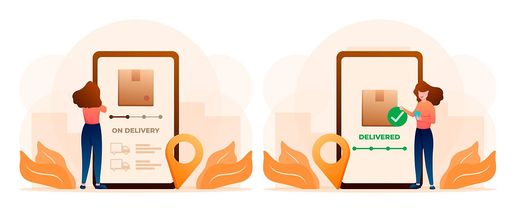 Cartoon woman looking at two large tablets displaying tracking page for eCommerce order.  The tablet on the right shows step 2 of the delivery process and says "out for delivery". The other tablet says "delivered" and  displays a package with a green tick mark. 