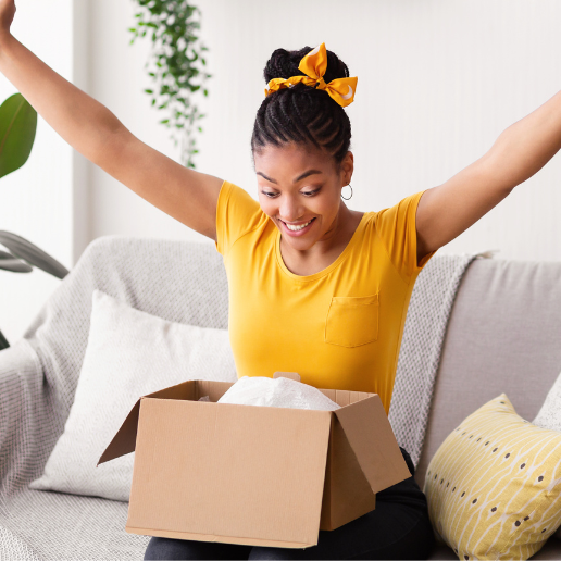 Woman excited to open her package