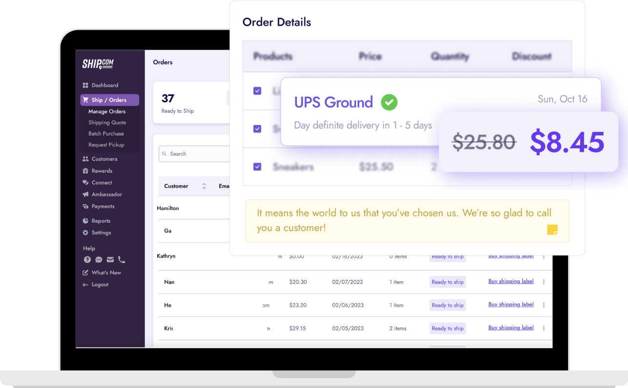 Ship.com Dashboard with discounted shipping rates from UPS and USPS.