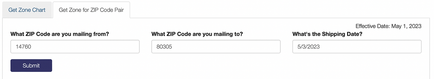 The senders and recipients Zip Code are filled in on the USPS Shipping Chart. The shipping date has been defined as 3rd May 2023.