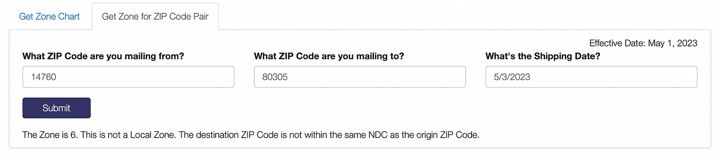 Text has appeared below the Zip Code and Shipping dates field. The result show that the USPS Zone is Zone 6.