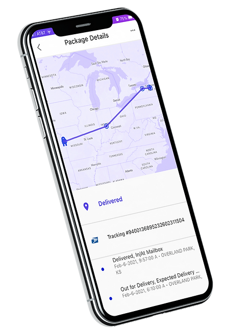 Ship.com phone app displaying a map. The map shows the journey of a package using a dotted line. Below the map are other details used in eCommerce order tracking. This includes the orders status (which is "delivered") and the tracking number.