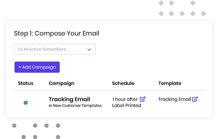 Ship.com dashboard showing a scheduled order tracking e-mail